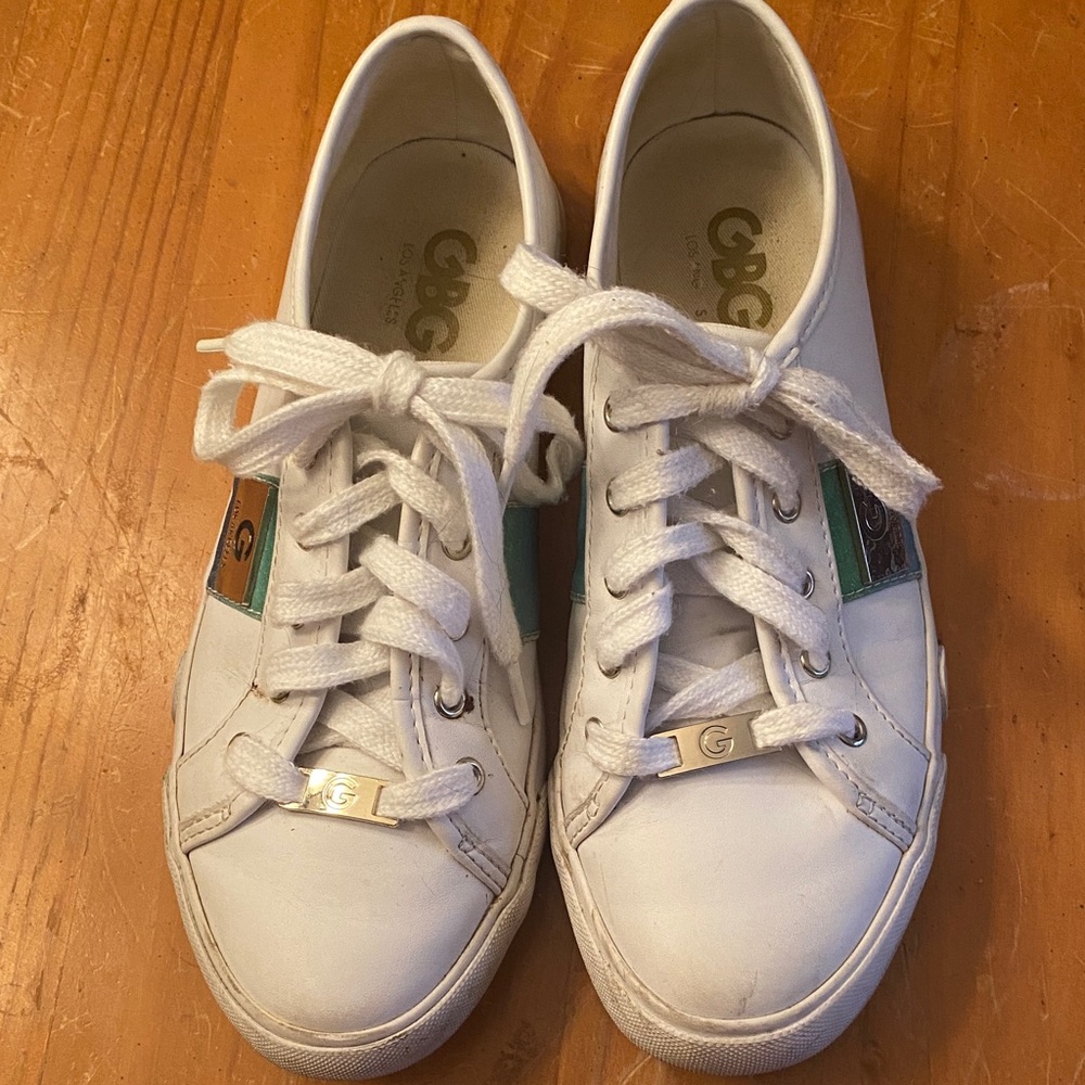 G by Guess White Sneakers with Silver and Green Accents